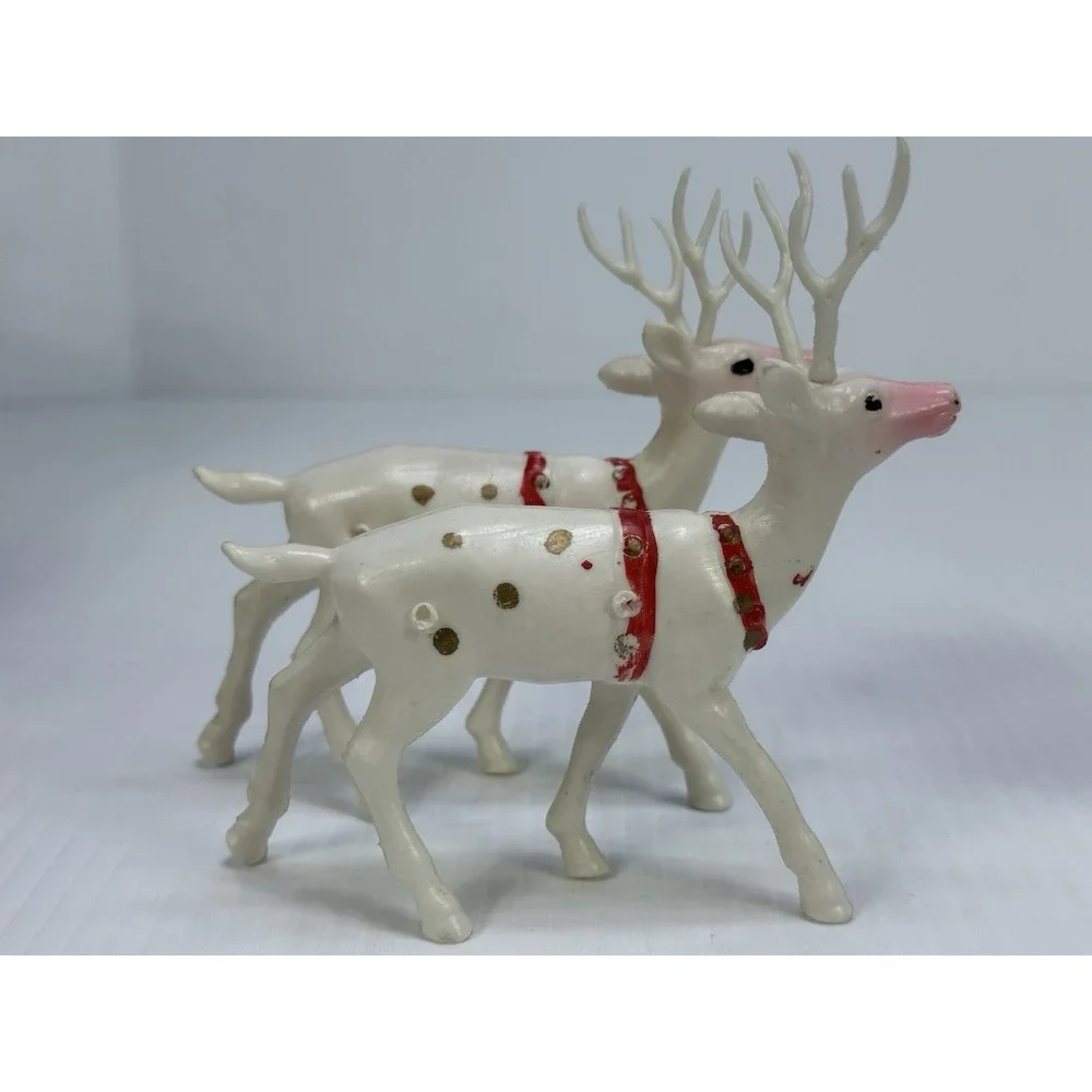 Vintage Plastic Standing Santa Claus Sleigh Pulled by Two White Reindeer